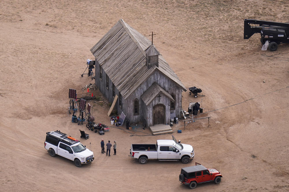 This aerial photo shows the movie set of <em>Rust</em> in Santa Fe, N.M., on Oct. 23, 2021. Prosecutors in New Mexico plan to drop an involuntary manslaughter charge against Alec Baldwin in the fatal 2021 shooting of a cinematographer on the set of the Western film.