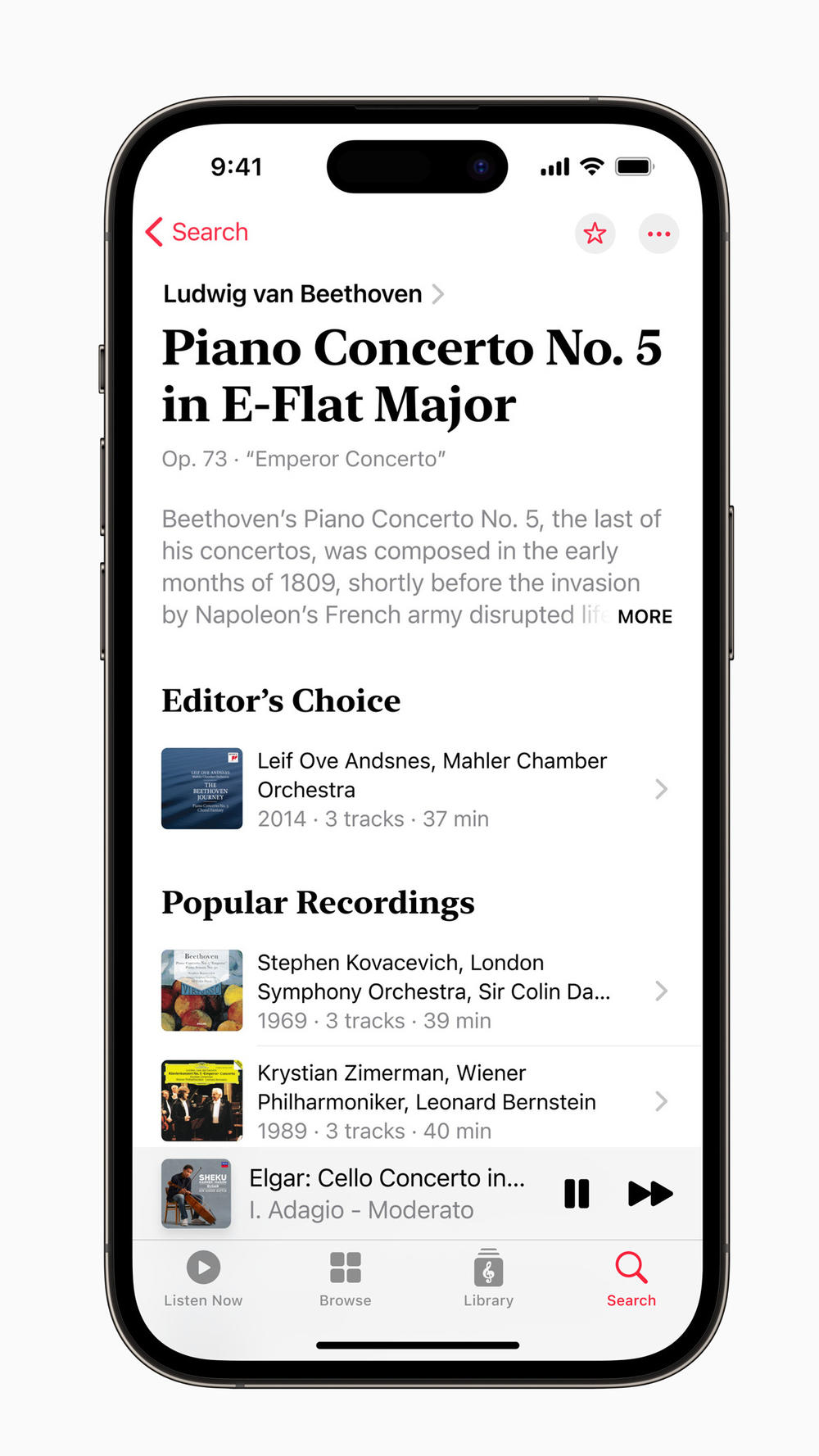 Apple Music Classical's search results for Beethoven's Piano Concerto No. 5, 