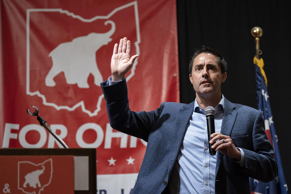 Ohio Secretary of State Frank LaRose speaks at a campaign stop on Nov. 4, 2022, in Moraine, Ohio. The Republican had praised ERIC — before ultimately pulling his state out of the partnership.