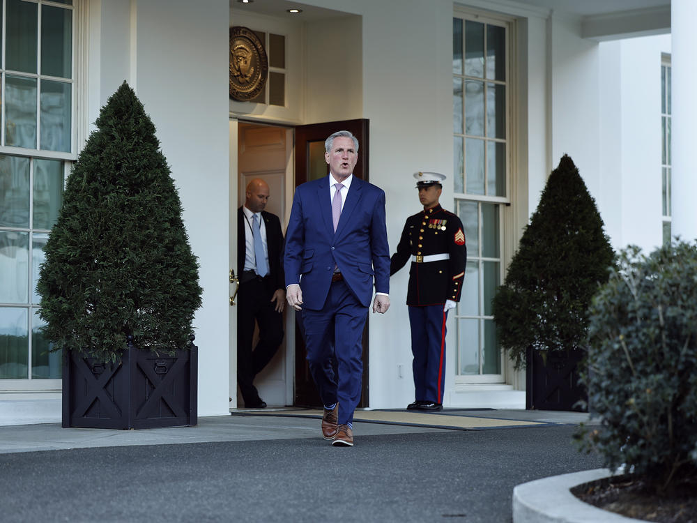 Speaker Kevin McCarthy walks out of the West Wing after meeting with President Biden on Feb. 1, 2023.