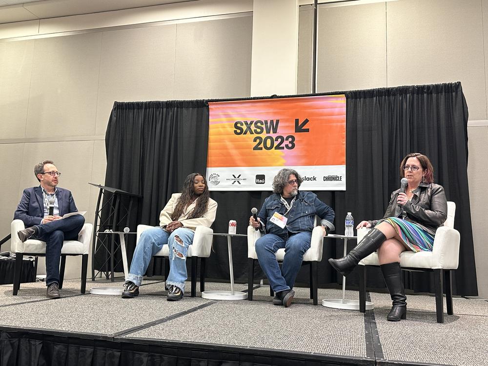 Launch event for the Human Artistry Campaign at SXSW in Austin, Texas, March 16, 2023. From left: Rob Levine, Billboard; Jessy Wilson, artist; Dan Navarro, songwriter; Erin Reilly, University of Texas.