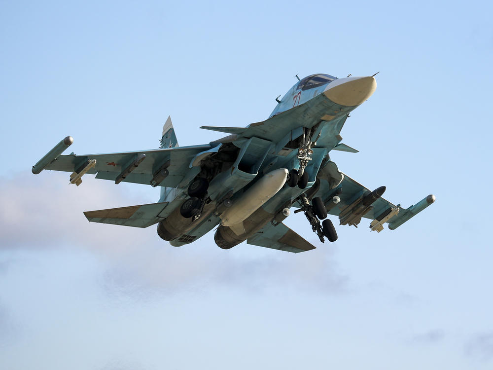 A Russian Su-34 bomber takes off for a training mission in the Krasnodar region of Russia on Jan. 19, 2022.