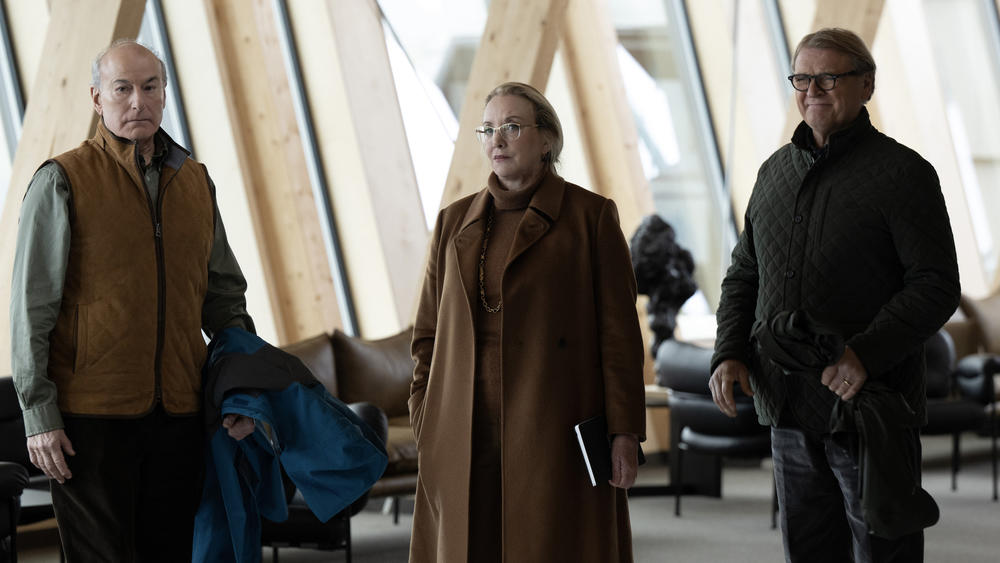 Frank (Peter Friedman), Gerri (J. Smith-Cameron), and Karl (David Rasche). I couldn't find out where this was shot, but both indoors and outdoors, they do this very Scandinavian, non-Manhattan look that emphasizes how far from home Waystar is.