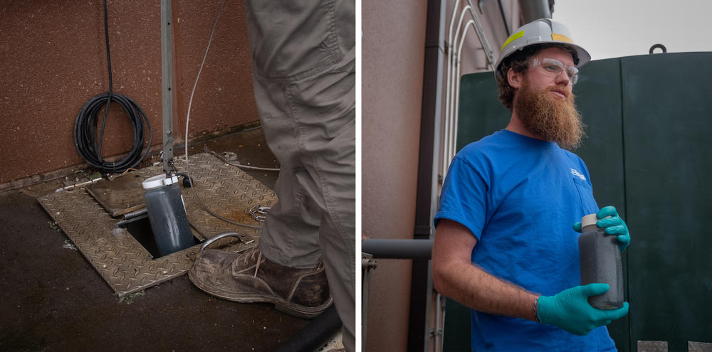 Nelson lifts a sterile plastic bottle at the end of a pole filled with murky wastewater. The water sample he retrieves will become useful information on the levels of COVID in the nearby community.