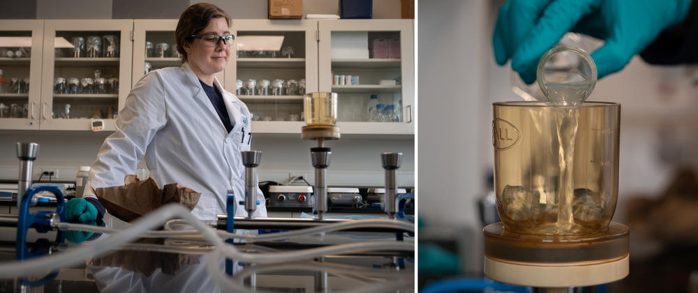 Kat Yetka (left) pours the wastewater sample over a filter (right), negatively-charged to better capture COVID virus particles, at a Hampton Road Sanitation District lab in Virginia Beach, Va.