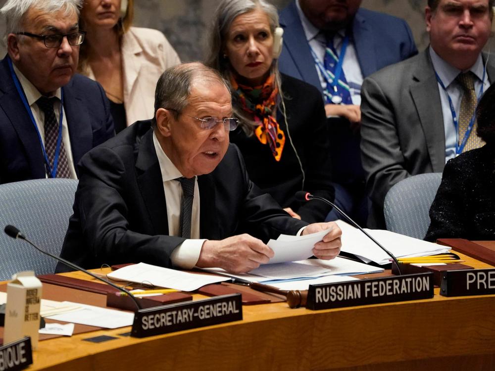 Russian Foreign Minister Sergey Lavrov chairs a United Nations Security Council meeting on defending the principles of the U.N. Charter in New York Monday.