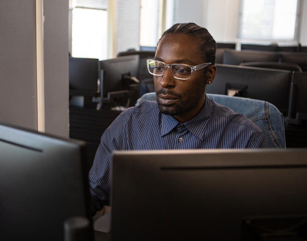 Michael Gomez, 44, has been working in retail as a personal shopper and stylist. After he graduates from his 15-week course at Per Scholas in Silver Spring, Md., he hopes to find a job in IT support.