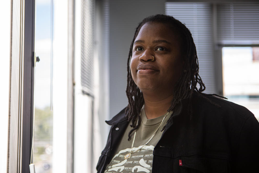 Johntel Brandy, 38, works as a gate agent for American Airlines. She's hoping to transition to a tech job with the airline after she finishes her IT support training at Per Scholas in Silver Spring, Md.