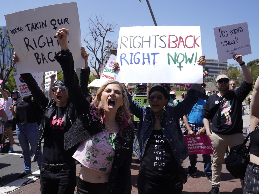 Supporters cheer up as Vice President Harris gives remarks at the Women's March in Los Angeles on April 15.