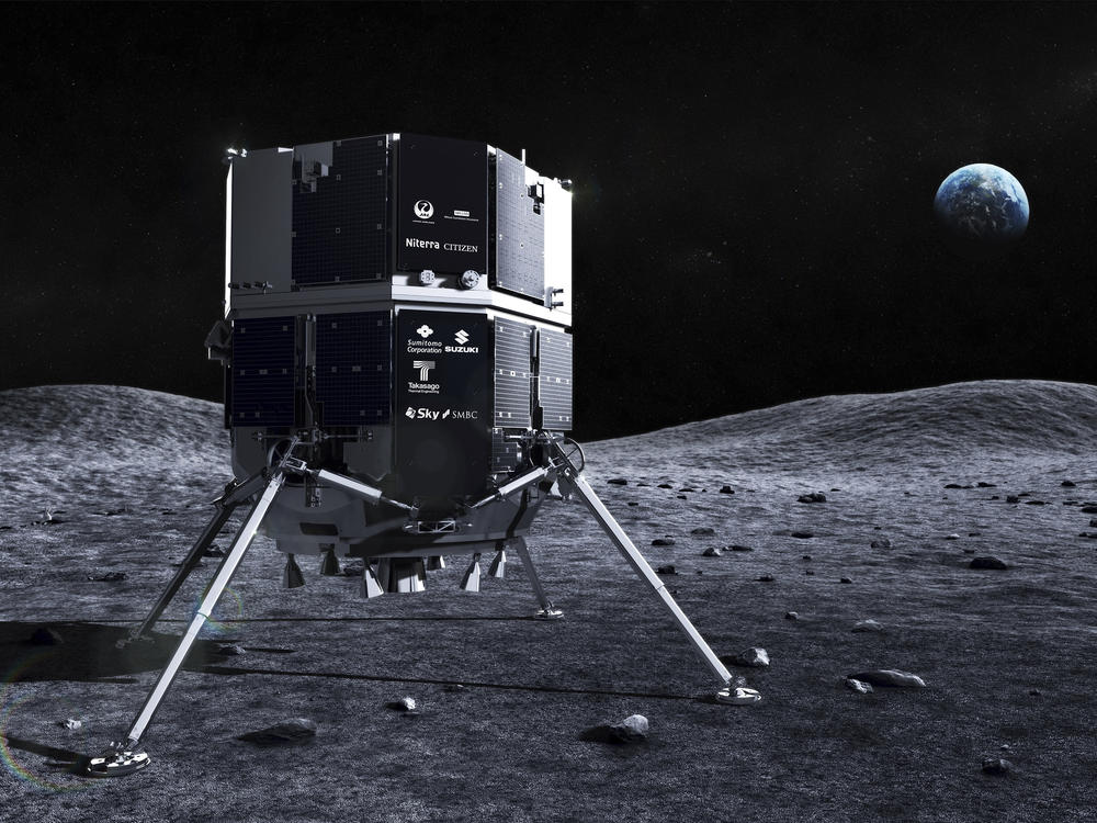 This illustration provided by ispace in April 2023 depicts the Hakuto spacecraft on the surface of the moon with the Earth in the background.