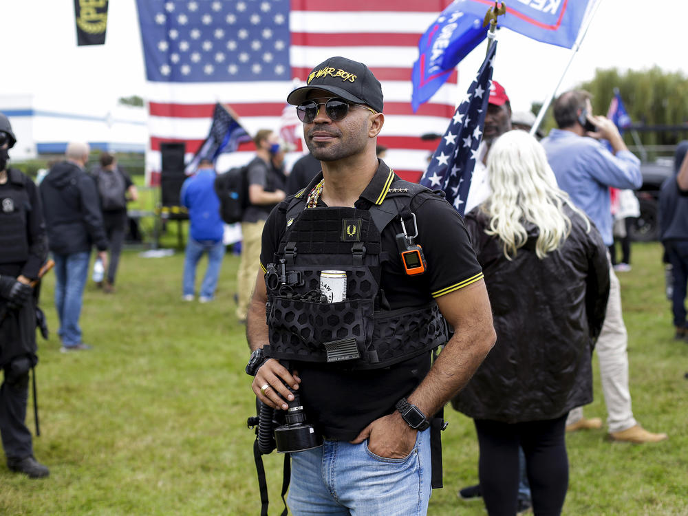 Proud Boys leader Enrique Tarrio poses for a portrait at Delta Park during a rally on Sept. 26, 2020 in Portland, Ore.