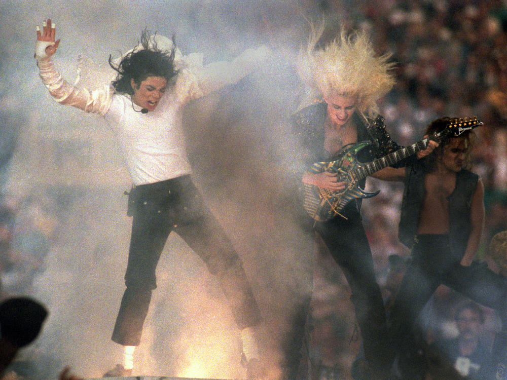 Michael Jackson performs during the Super Bowl Halftime show in 1993, the year that 