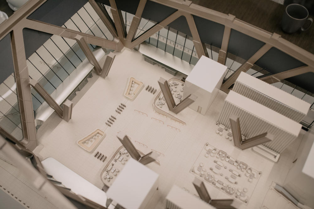 A model of JPMorgan's future offices is displayed on a conference table of the bank's  current building in New York on Oct. 25, 2022.