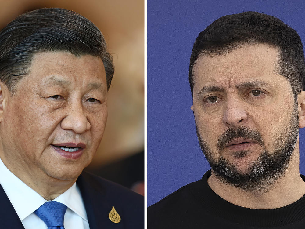 This combination of file photos shows China's President Xi Jinping, taken in Bangkok, Thailand, on Nov. 19, 2022, and Ukrainian President Volodymyr Zelenskyy, taken outside Kyiv, Ukraine, on April 7, 2023. Chinese leader Xi talked Wednesday with Ukrainian President Zelenskyy.