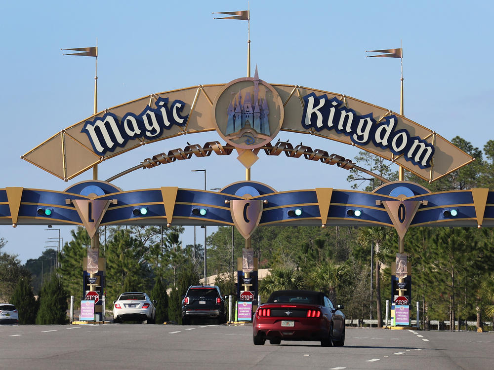 Cars line-up to enter Walt Disney World on February 08, 2023 in Orlando, Florida.