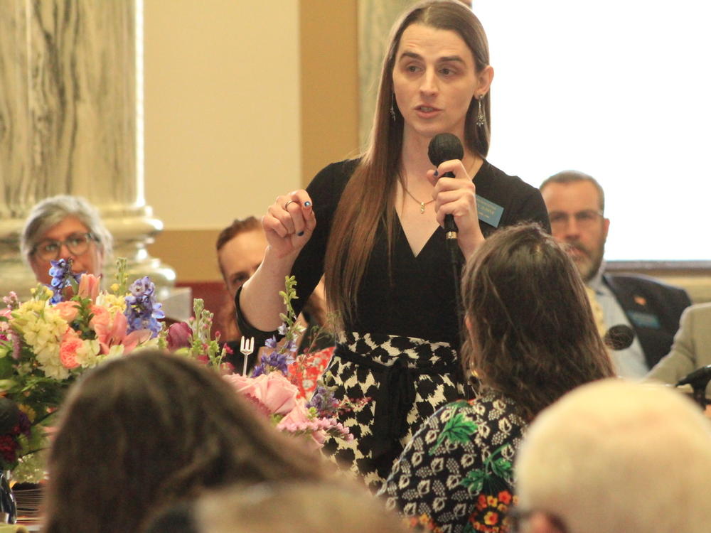 Rep. Zooey Zephyr speaking on the House floor in Helena, Mont., on April 26, 2023 shortly before Republicans voted to formally punish Zephyr by barring her from attending or speaking during House session.