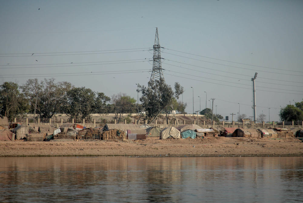 The homes of a community of Pakistani Roma who live by the Ravi River in Lahore.