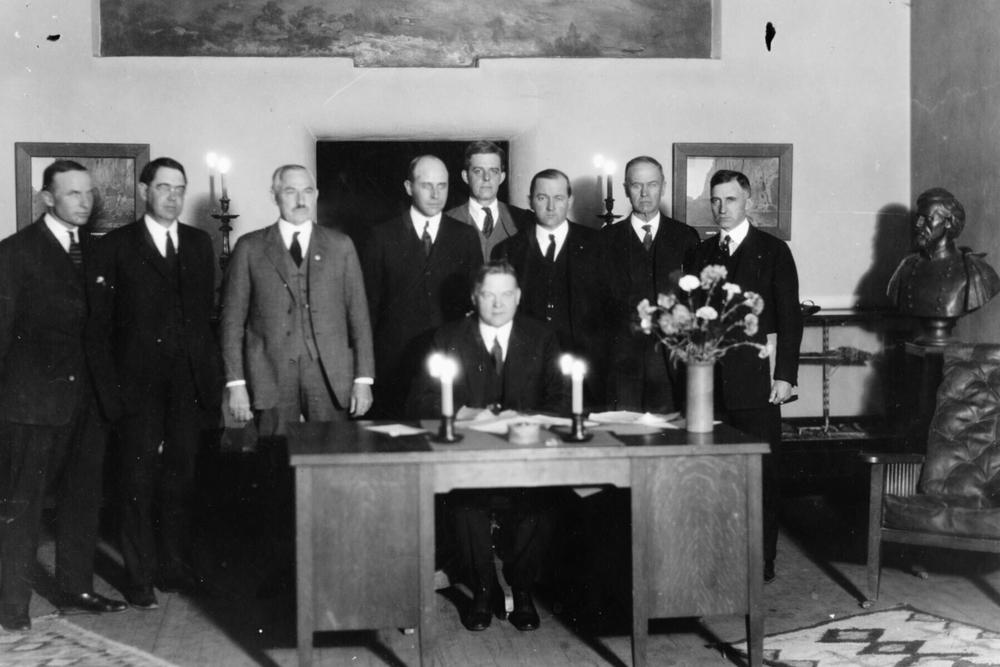 In this photo provided by the U.S. Bureau of Reclamation, Commerce Secretary Herbert Hoover presides over the signing of the Colorado River Compact in Santa Fe, N.M., on Nov. 24, 1922.