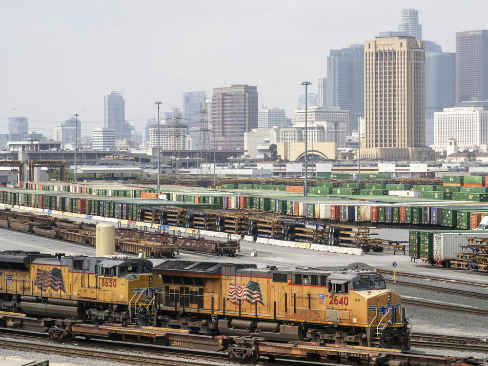 The Los Angeles skyline is seen above the Union Pacific LATC Intermodal Terminal on Tuesday.