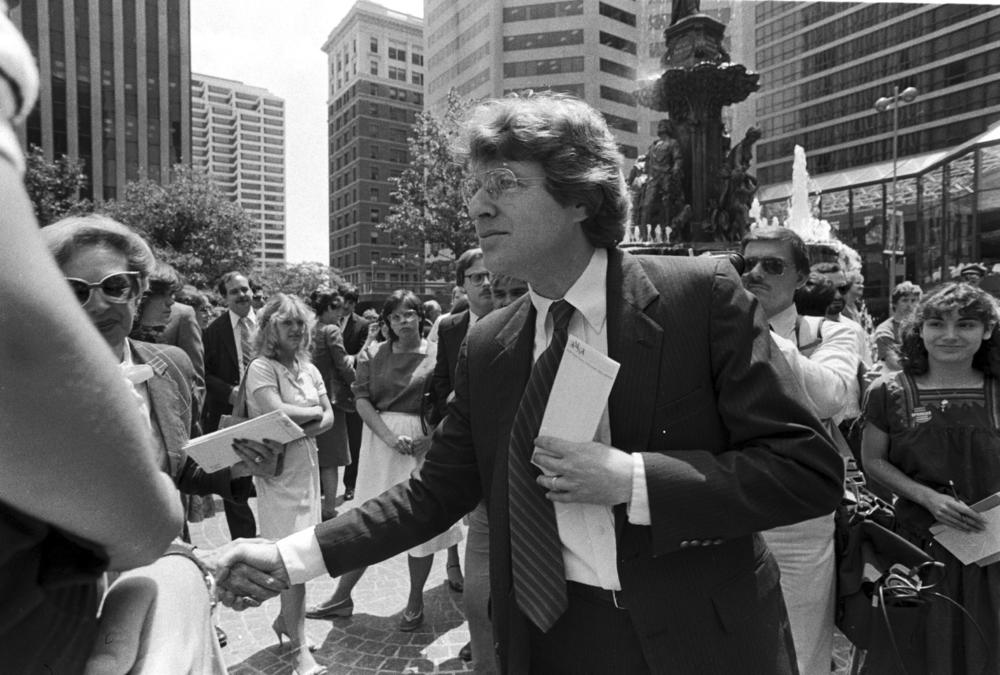 Jerry Springer greets supporters at a rally in Cincinnati, Ohio, in June 1982.
