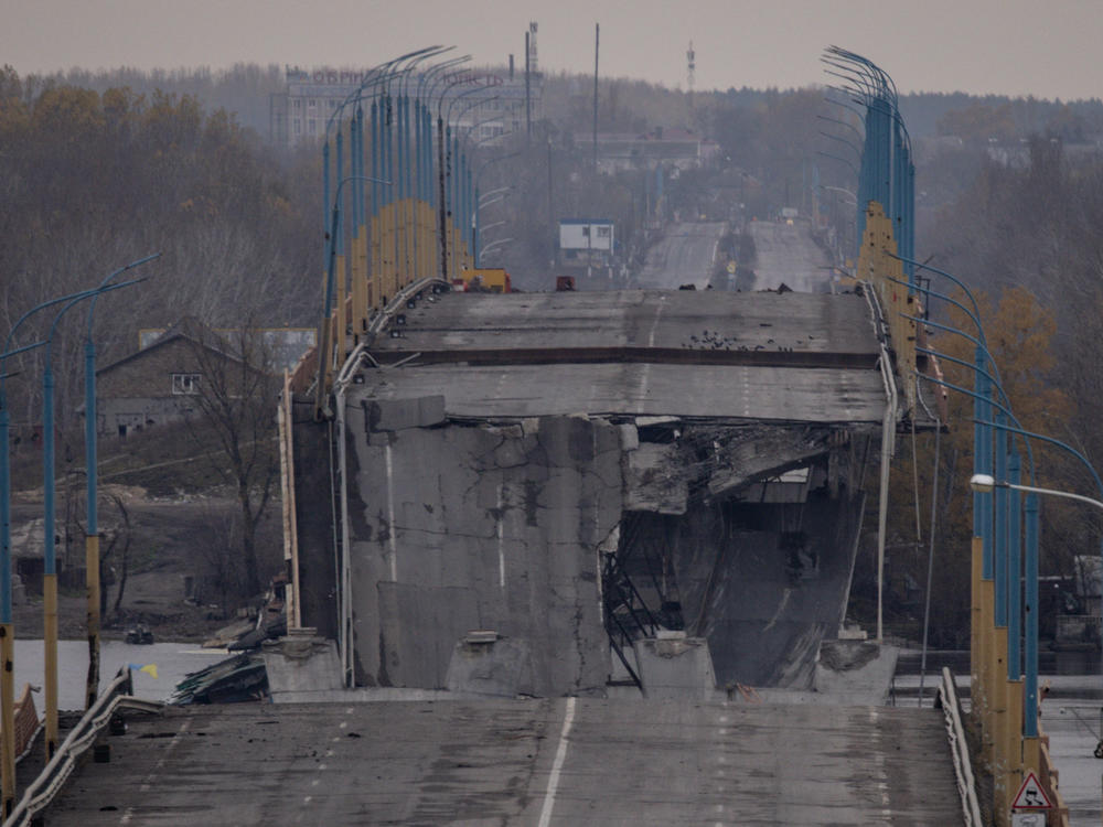 The destroyed section of the Antonivka bridge over the Dnipro river is seen on Nov 18, 2022, in Kherson, Ukraine.
