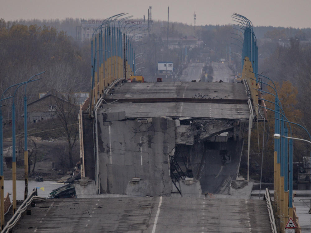 The destroyed section of the Antonivka bridge over the Dnipro river is seen on Nov 18, 2022, in Kherson, Ukraine.