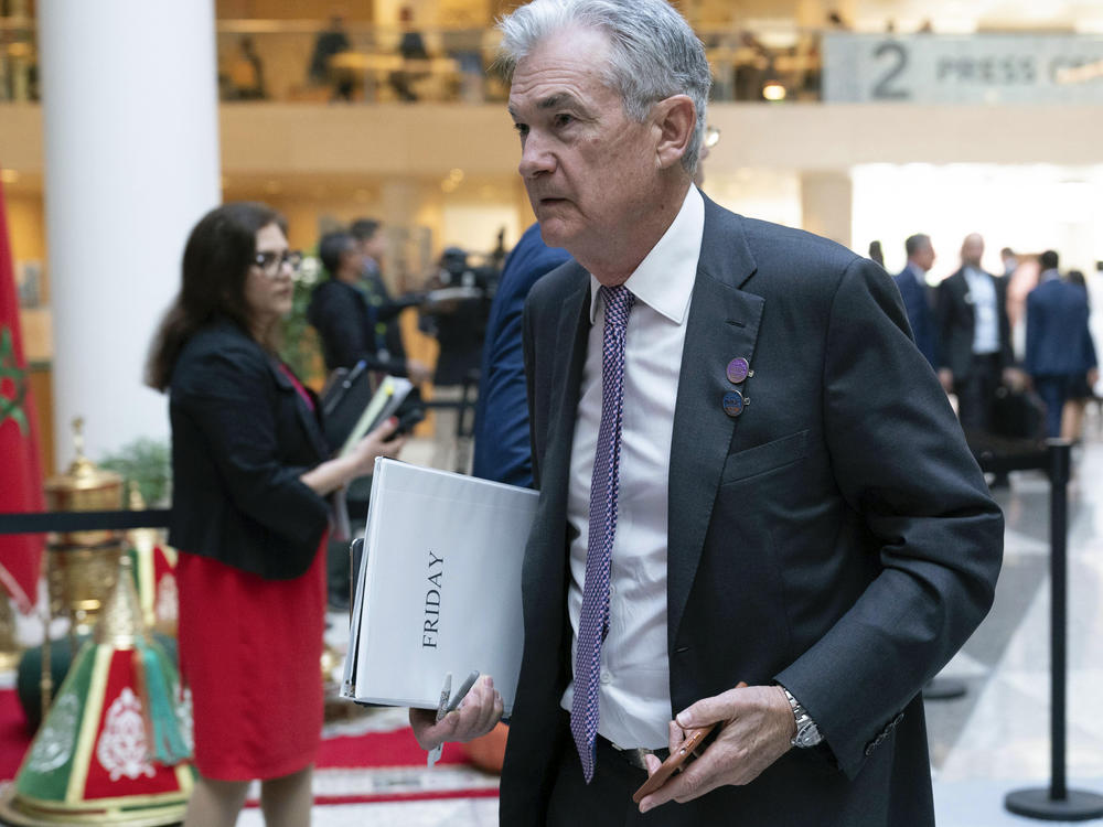 Federal Reserve Chairman Jerome Powell arrives for the plenary of the International Monetary and Financial Committee (IMFC) meeting, during the World Bank/IMF Spring Meetings at the International Monetary Fund (IMF) headquarters in Washington, Friday, April 14, 2023.
