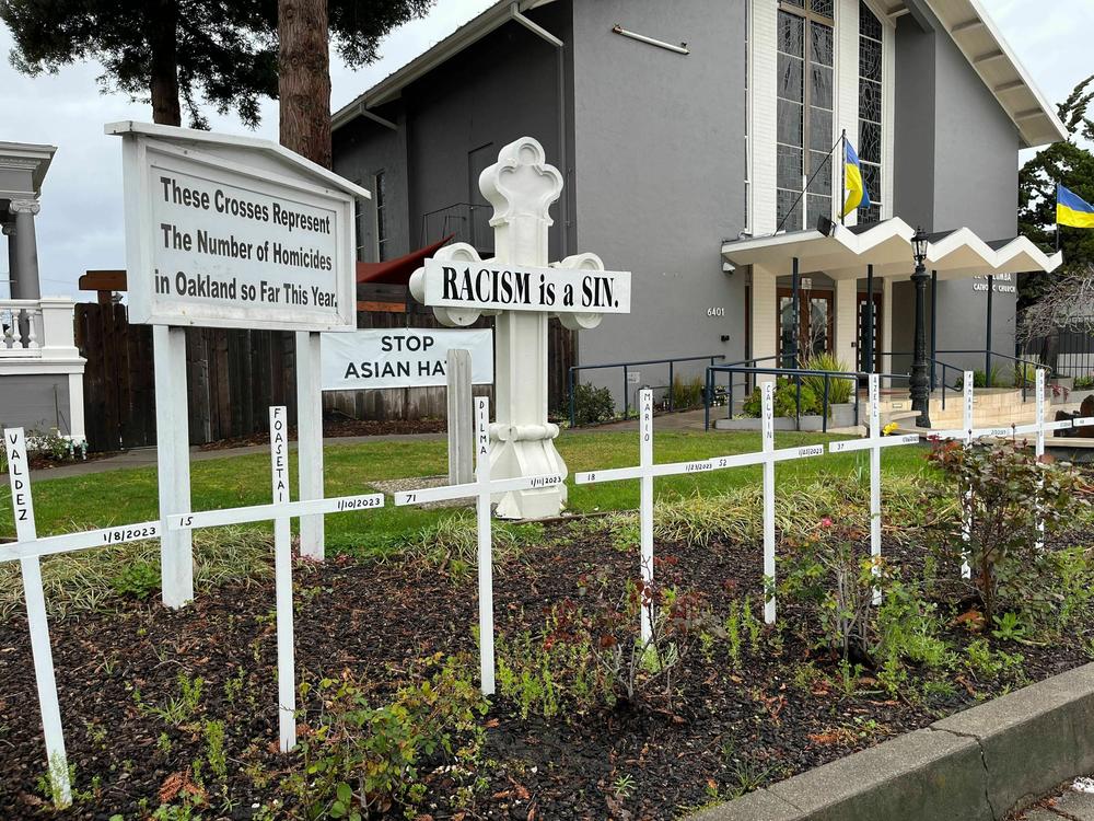 Saint Columba Catholic Church in Oakland, Calif., commemorates every murder in the city with wooden crosses in its front garden. The city's homicide rate remains stubbornly high while its murder clearance rate remains well under the already low national average.