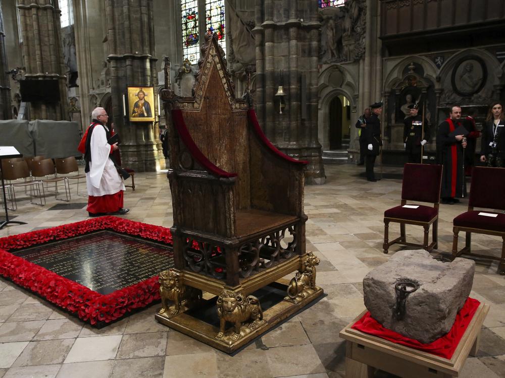 The Stone of Destiny is seen during a welcome ceremony ahead of the coronation of Britain's King Charles III, in Westminster Abbey, London, Saturday, April 29, 2023.