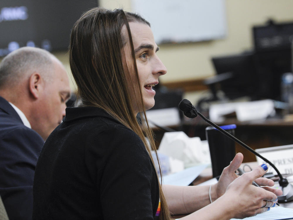 Rep. Zooey Zephyr, D-Missoula, speaks during a meeting of the House Judiciary Committee in the Montana State Capitol in Helena, Mont. on Monday, May 1, 2023. Rep. Zephyr asked a court Monday to allow for her return to the House floor after she was silenced and barred for chiding her Republican colleagues over legislation to restrict gender-affirming health care and for encouraging protesters.
