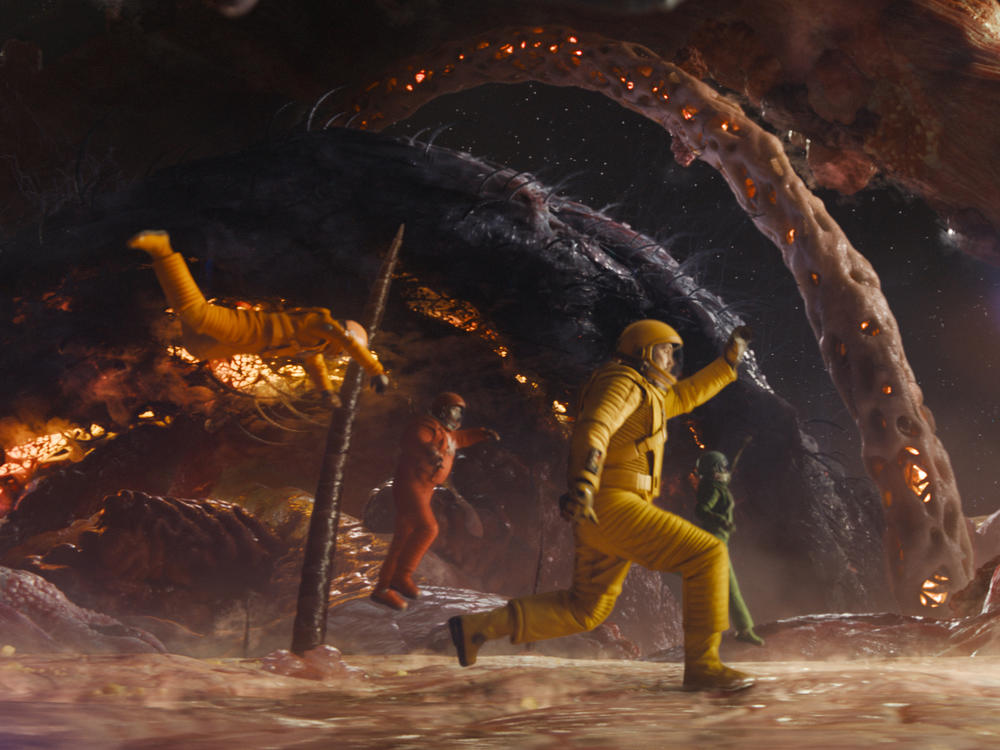 L to R: Mantis (Pom Klementieff), Drax (Dave Bautista), Quill (Chris Pratt) and Nebula (Karen Gillan) go for a walk in <em>Guardians of the Galaxy Vol. 3.</em>