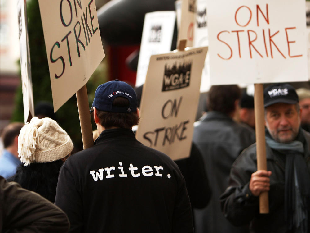 Members of the Writers Guild of America walk the picket line in 2007.