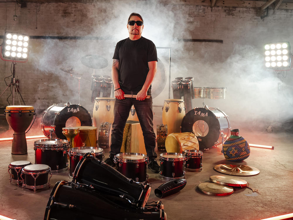 Drummer Dave Lombardo shows off just a few of the instruments he played on his debut solo album <em>Rites of Percussion</em>.