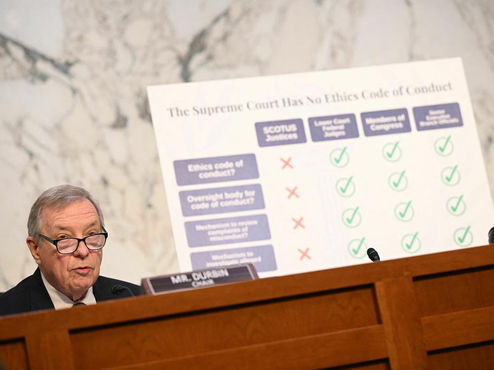 Sen. Dick Durbin, top Democrat on the Senate Judiciary Committee, speaks during a hearing on Supreme Court ethics on Tuesday.