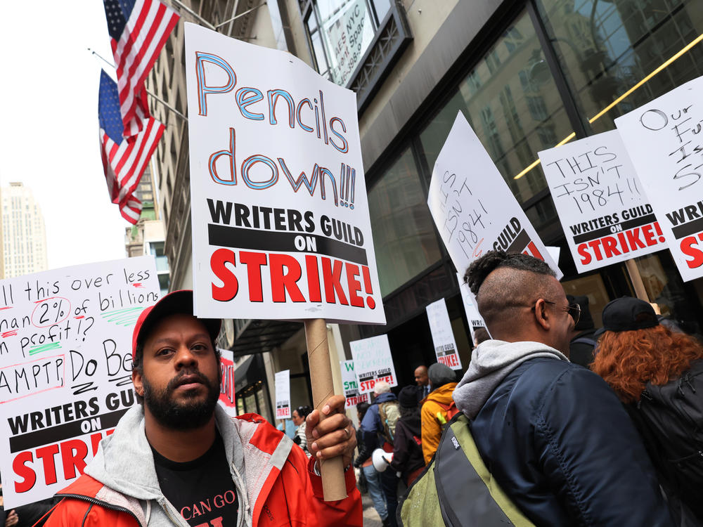 Members of the Writers Guild of America (WGA) East picketed outside of the Peacock NewFront on May 2, 2023 in New York City as the WGA strike began.