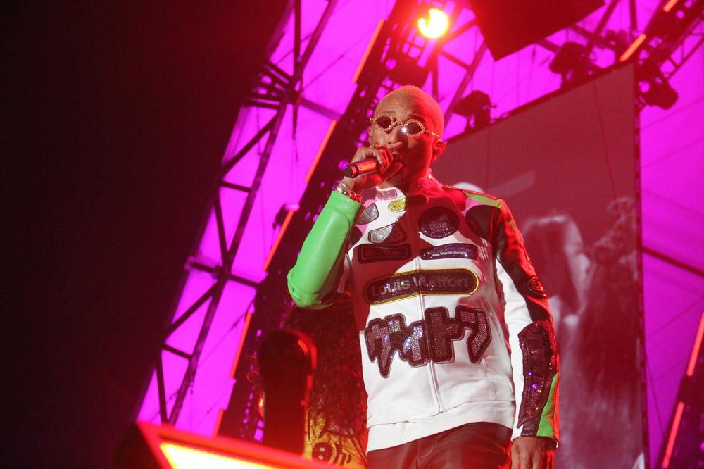 Pharrell performs on Solar stage at Something In The Water festival.