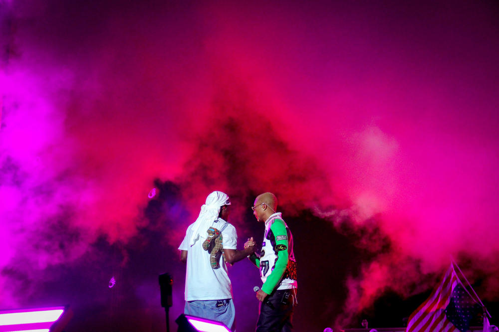 A$AP Rocky and Pharrell perform on the Solar stage at Something In The Water festival.