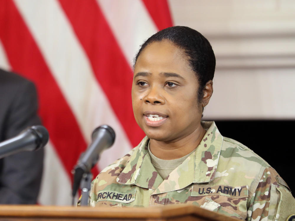 Maj. Gen. Janeen Birckhead serves as Maryland's 31st adjutant general — making her the only Black woman who leads a state military in the U.S. Above, Birckhead outlines plans to improve equity in the distribution of COVID-19 vaccines during a news conference in Annapolis, Md., in March 2021.