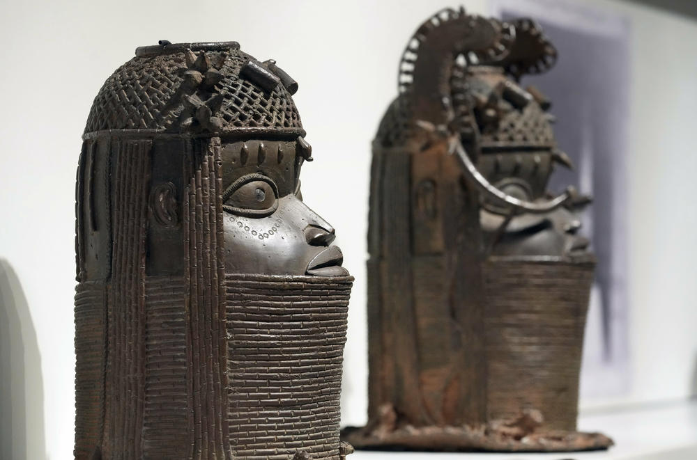 Benin Bronzes are displayed in Berlin in 2022. Germany returned 22 of the looted objects to Nigeria in December. A London museum is also returning Benin Bronzes.