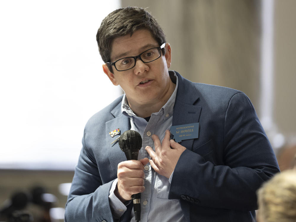 Montana state Rep. SJ Howell speaks on the House floor during a motion to discipline Rep. Zooey Zephyr at the Montana Capitol in Helena on Wed., April 26, 2023. Howell is a Democrat who identifies as transgender nonbinary.