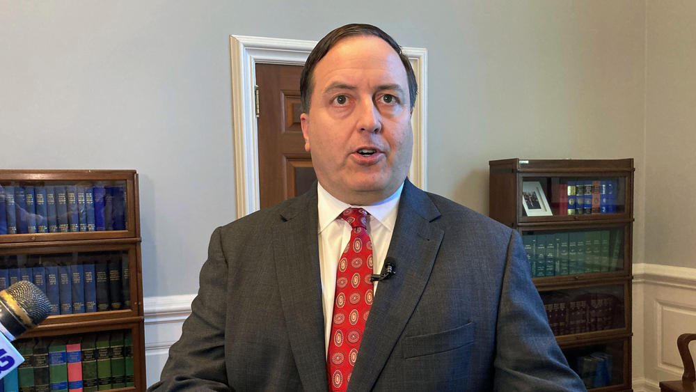 Missouri Secretary of State Jay Ashcroft, pictured in June 2022 at his office in Jefferson City, Mo. Ashcroft, a top Republican prospect for Missouri governor, is enacting a new rule blocking public funding for libraries that have books deemed 