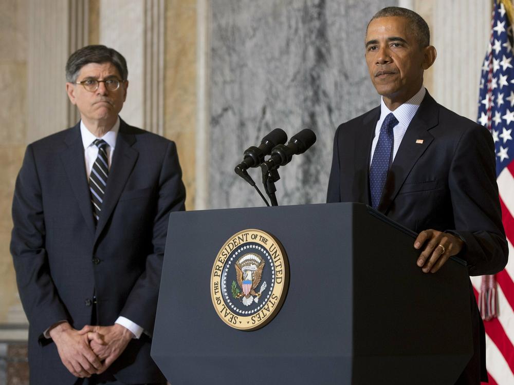 Then-President Barack Obama speaks alongside then-Treasury Secretary Jacob Lew in June 2016.