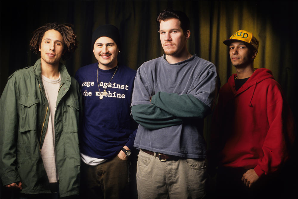 Rage Against the Machine — from left to right: Zack de la Rocha, Brad Wilk, Tim Commerford and Tom Morello — in Brussels, Belgium, on June 2, 1993.