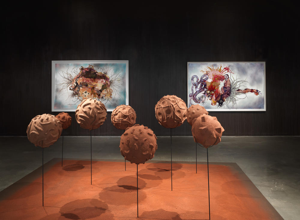 These round works, textured with spikes and raised grooves, represent mumps, measles, dengue, Zika and other diseases. She sees the textures of the viral spheres as reminiscent of pottery. She began the series in 2016.
