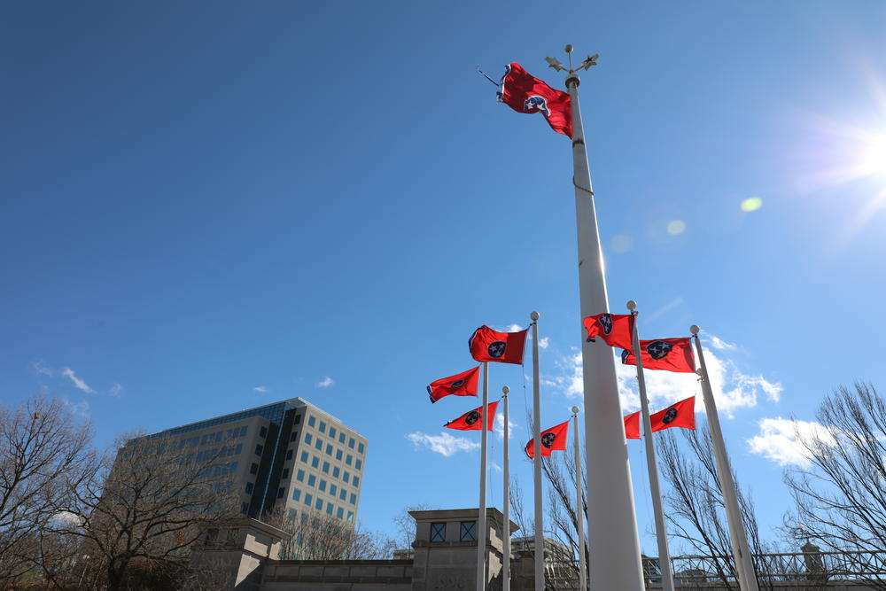 Flags fly in Nashville's Bicentennial Park, which highlights Tennessee history from 1796-1996.