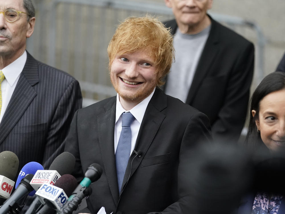 Recording artist Ed Sheeran prepares to speak to the media outside New York Federal Court after wining his copyright infringement trial on Thursday in New York. A
