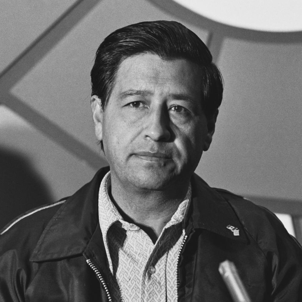 Cesar Chávez attends a Labour Party press conference in the United Kingdom in 1974.