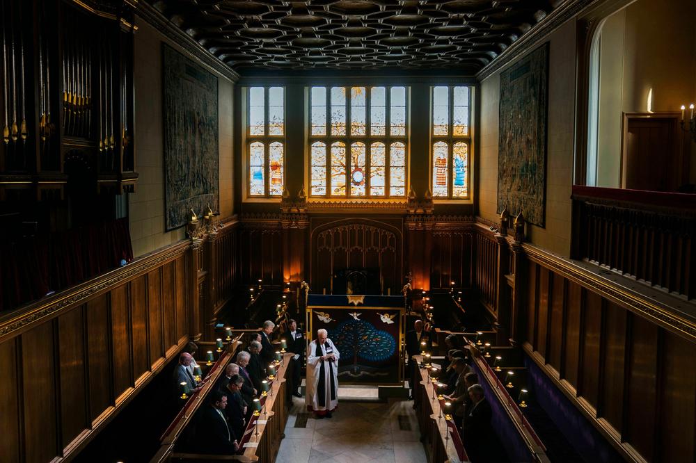 The anointing screen, handmade by the Royal School of Needlework, is blessed in front of a small congregation in the Chapel Royal at St. James's Palace in London on April 24. The most important moment in the coronation is the unction, the sacred act of anointing a monarch with holy oil, which signals that the monarch has been chosen by God. It will take place behind the anointing screen.