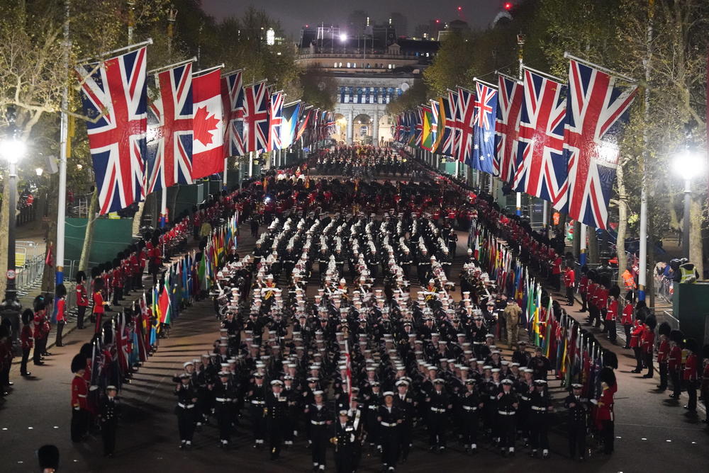 A nighttime rehearsal in central London for the coronation of King Charles III, which will take place this weekend.