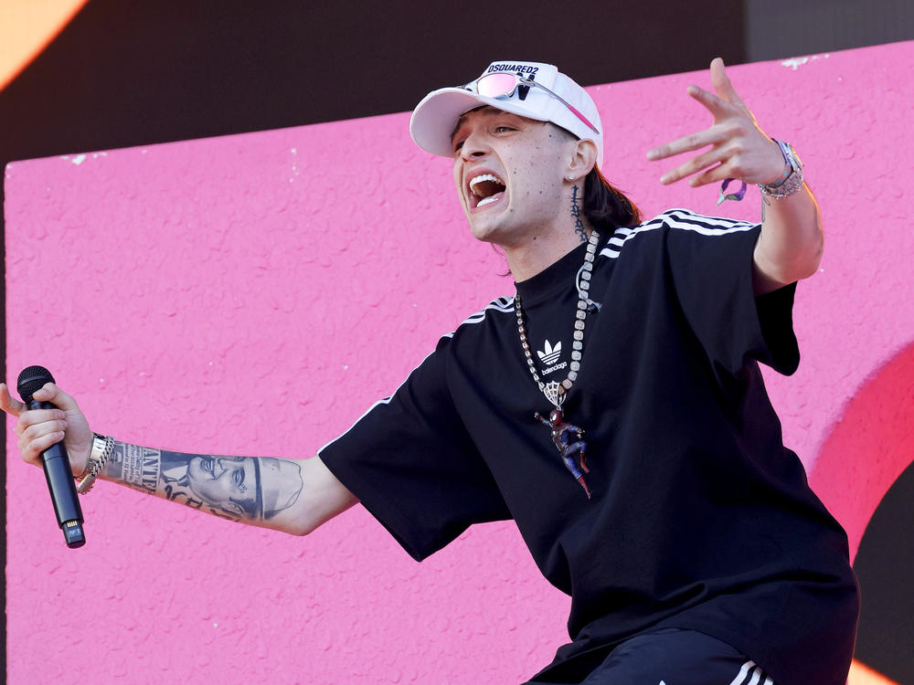 Peso Pluma performs with Becky G at the Coachella Stage during the 2023 Coachella Valley Music and Arts Festival on April 14.
